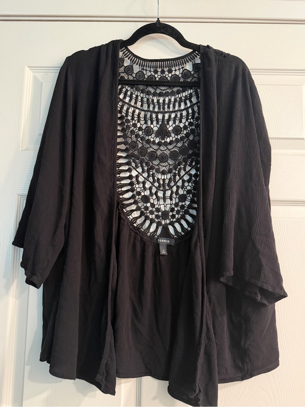 Torrid Black Open-Front 3/4 sleeve shrug with Crochet Back